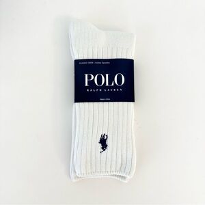 Ralph Lauren White Ribbed Crew Socks with Navy Pony Logo - Polo